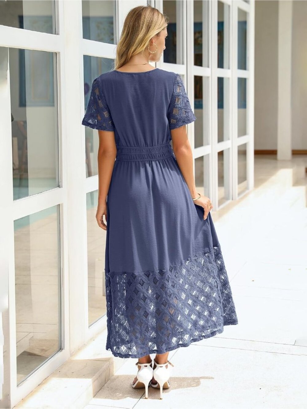 🆕 Women's Blue Purple Short Sleeve V Neck Empire Waist Boho Pockets Maxi Dress - Picture 3 of 6